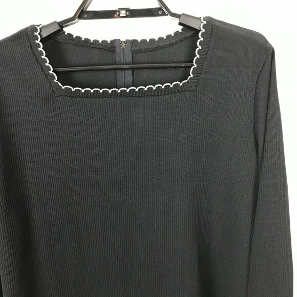 Vintage 1970s Knit Blouse Square Scalloped Neckline Black Long Sleeve Size L - Picture 3 of 5